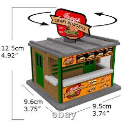 Pack économique à l'échelle O de 4 stands de restauration rapide avec bannières rotatives pour train miniature.