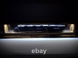 Vitrine d'exposition de trains miniatures en bois de zèbre à l'échelle HO avec lumière.